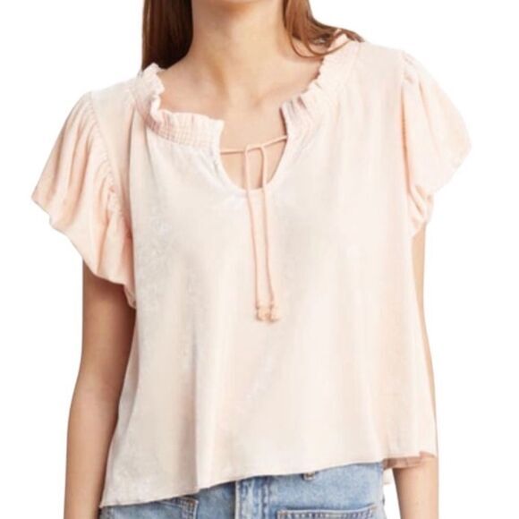 Free People Terese Top Size M Pink Tint Velvet poof short sleeve ruffle Tie Neck - Picture 3 of 12